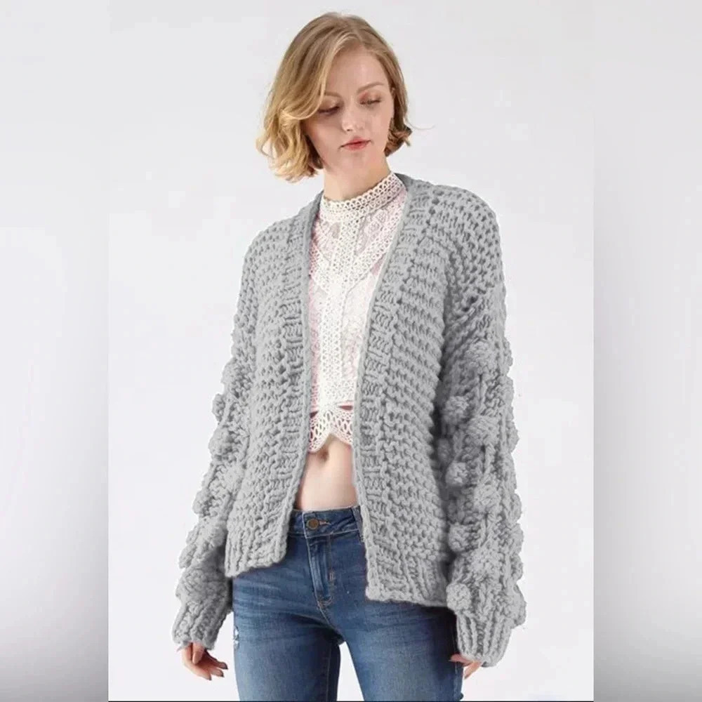 Chicwish Cuteness on Sleeves‎ Light Grey Chunky Knit Open Front Cardigan